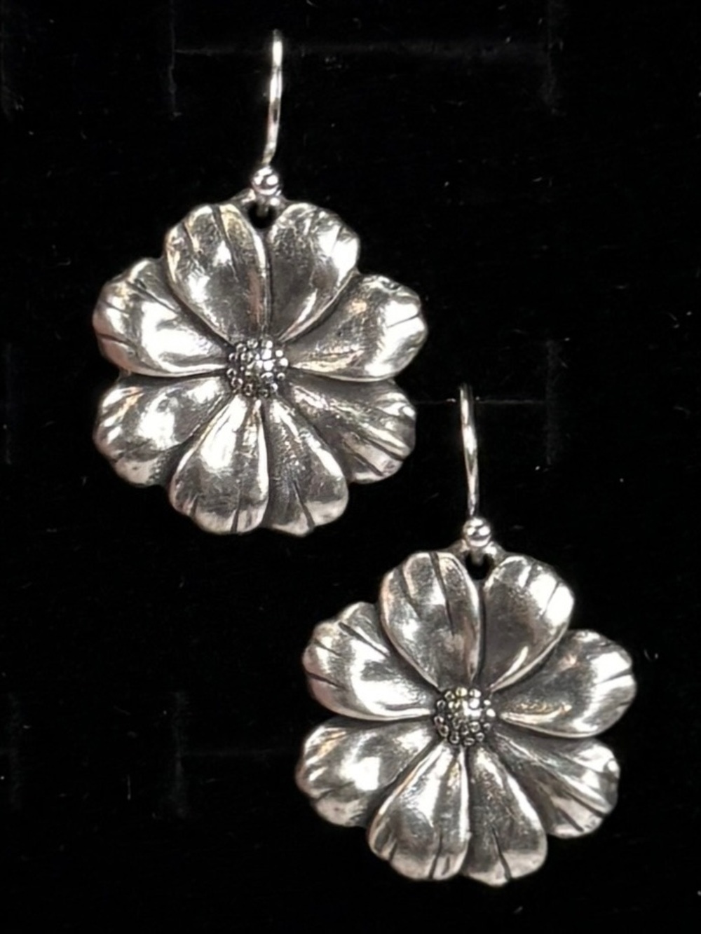 Beautiful, weighted, vintage etched, Silvertone flower pewter pierced earrings